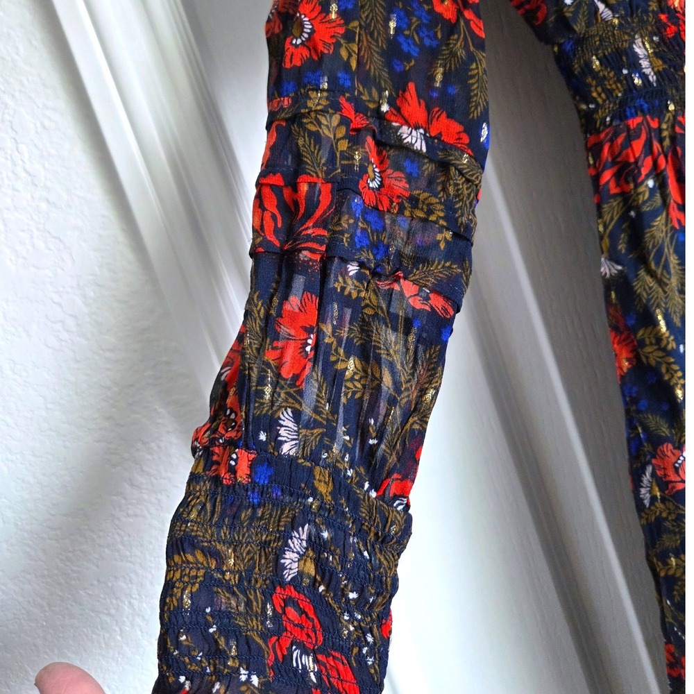 Per Una Marks Spencer Navy Floral Metallic Maxi Dress Smocked Tiered Size 10 - Picture 7 of 8